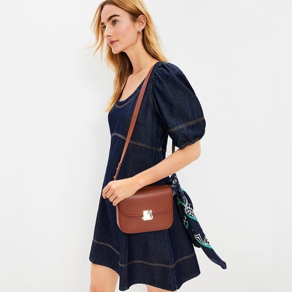 LOFT Denim Swing Dress Puff Sleeve Square Neck Dark Wash Size 10 - Picture 2 of 12